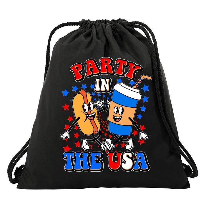 Funny Retro Party In The USA Retro Cartoon Hotdog Soda Pop Drink Drawstring Bag