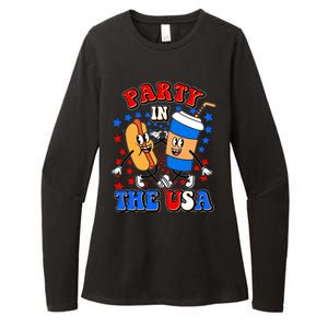 Funny Retro Party In The USA Retro Cartoon Hotdog Soda Pop Drink Womens CVC Long Sleeve Shirt