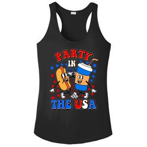 Funny Retro Party In The USA Retro Cartoon Hotdog Soda Pop Drink Ladies PosiCharge Competitor Racerback Tank