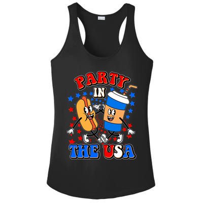 Funny Retro Party In The USA Retro Cartoon Hotdog Soda Pop Drink Ladies PosiCharge Competitor Racerback Tank
