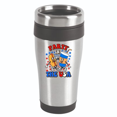 Funny Retro Party In The USA Retro Cartoon Hotdog Soda Pop Drink 16oz Travel Tumbler