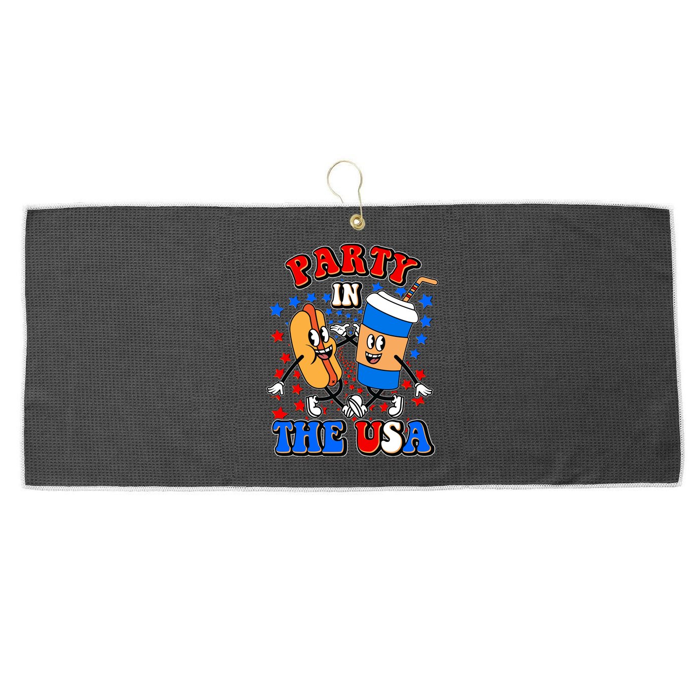 Funny Retro Party In The USA Retro Cartoon Hotdog Soda Pop Drink Large Microfiber Waffle Golf Towel