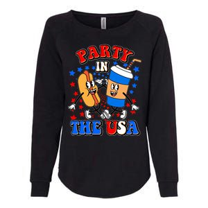 Funny Retro Party In The USA Retro Cartoon Hotdog Soda Pop Drink Womens California Wash Sweatshirt