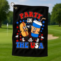 Funny Retro Party In The USA Retro Cartoon Hotdog Soda Pop Drink Golf Towel
