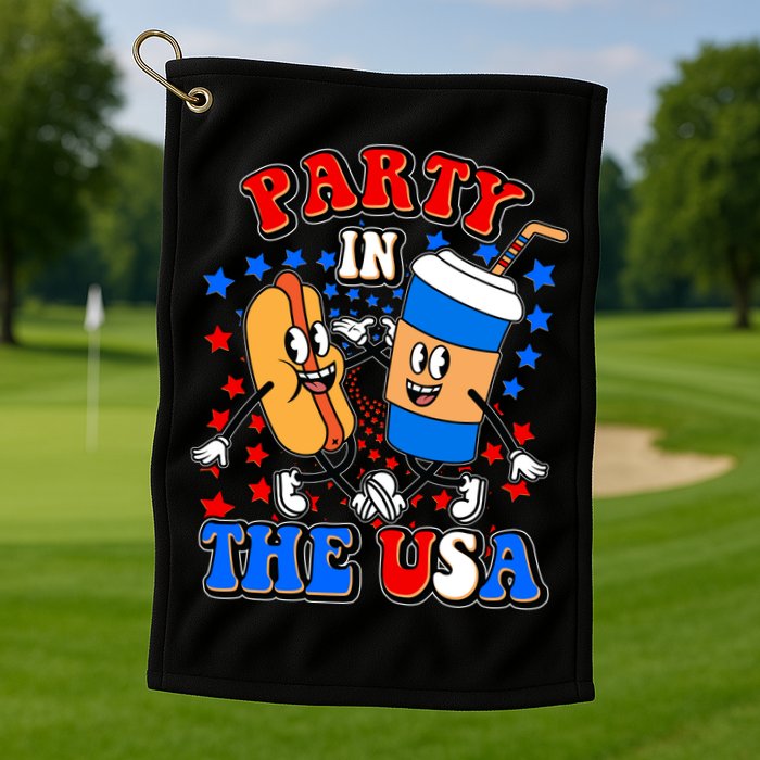 Funny Retro Party In The USA Retro Cartoon Hotdog Soda Pop Drink Golf Towel