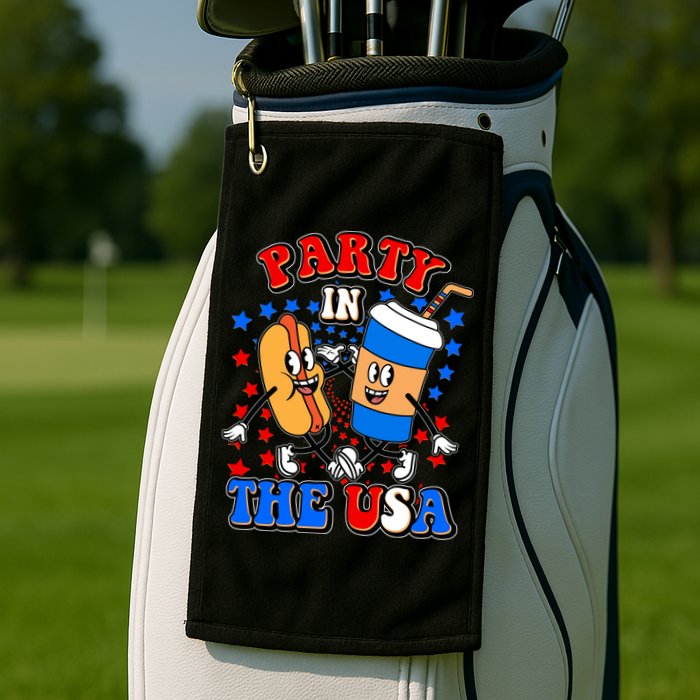 Funny Retro Party In The USA Retro Cartoon Hotdog Soda Pop Drink Golf Towel