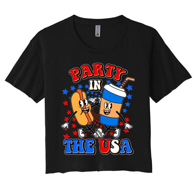 Funny Retro Party In The USA Retro Cartoon Hotdog Soda Pop Drink Crop Top