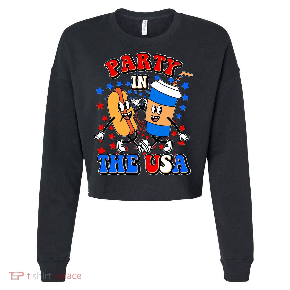 Funny Retro Party In The USA Retro Cartoon Hotdog Soda Pop Drink Cropped Pullover Crew