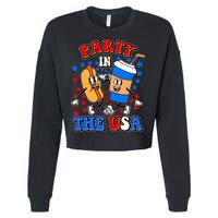 Funny Retro Party In The USA Retro Cartoon Hotdog Soda Pop Drink Cropped Pullover Crew