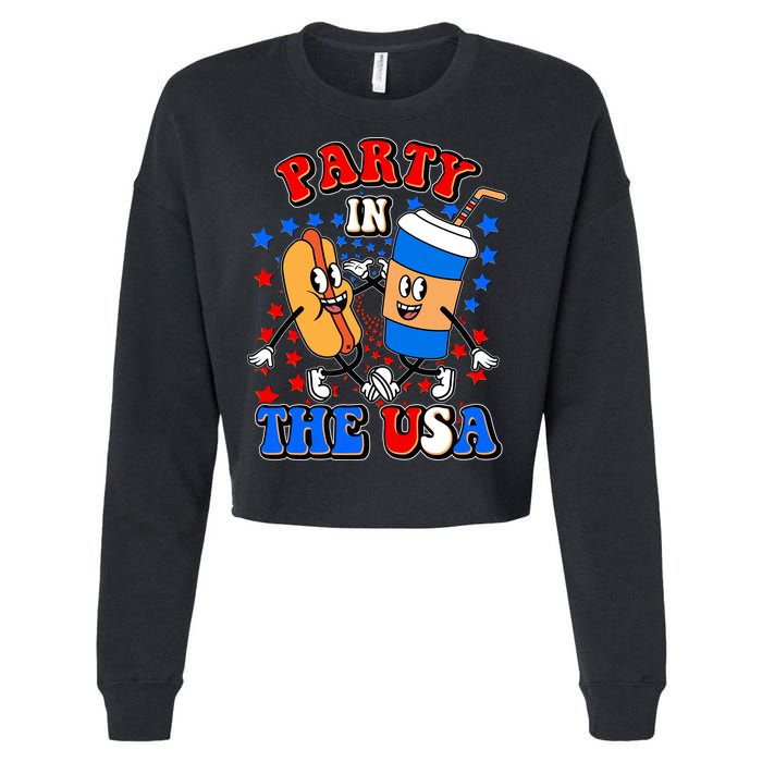 Funny Retro Party In The USA Retro Cartoon Hotdog Soda Pop Drink Cropped Pullover Crew