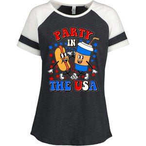 Funny Retro Party In The USA Retro Cartoon Hotdog Soda Pop Drink Enza Ladies Jersey Colorblock Tee