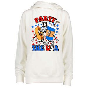 Funny Retro Party In The USA Retro Cartoon Hotdog Soda Pop Drink Womens Funnel Neck Pullover Hood