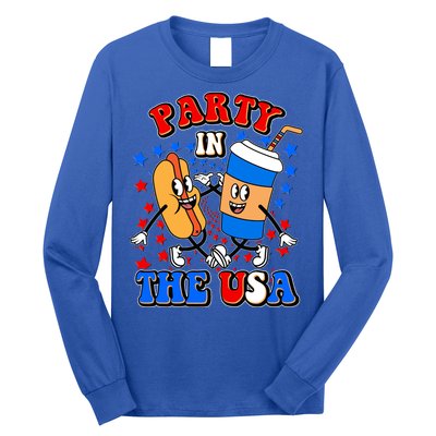 Funny Retro Party In The USA Retro Cartoon Hotdog Soda Pop Drink Long Sleeve Shirt