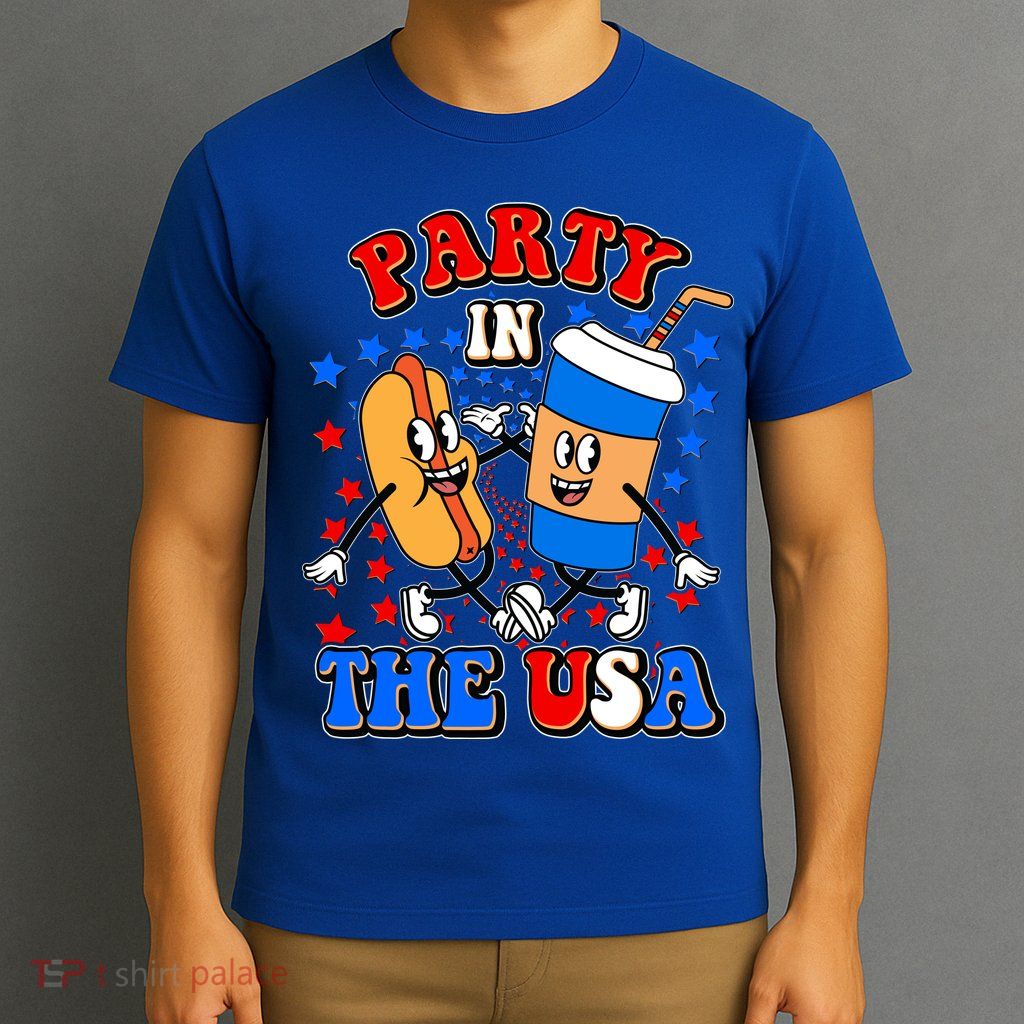 Funny Retro Party In The USA Retro Cartoon Hotdog Soda Pop Drink T-Shirt