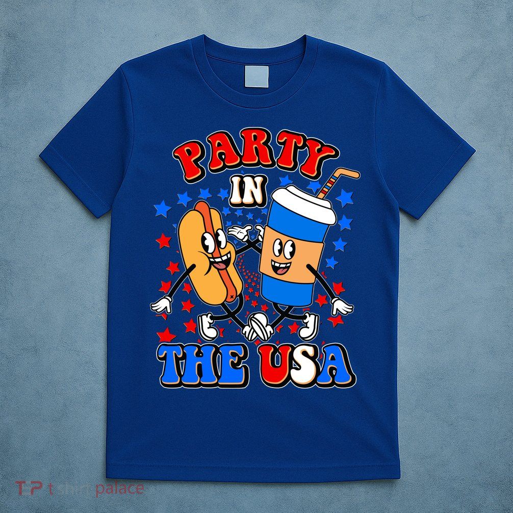 Funny Retro Party In The USA Retro Cartoon Hotdog Soda Pop Drink T-Shirt