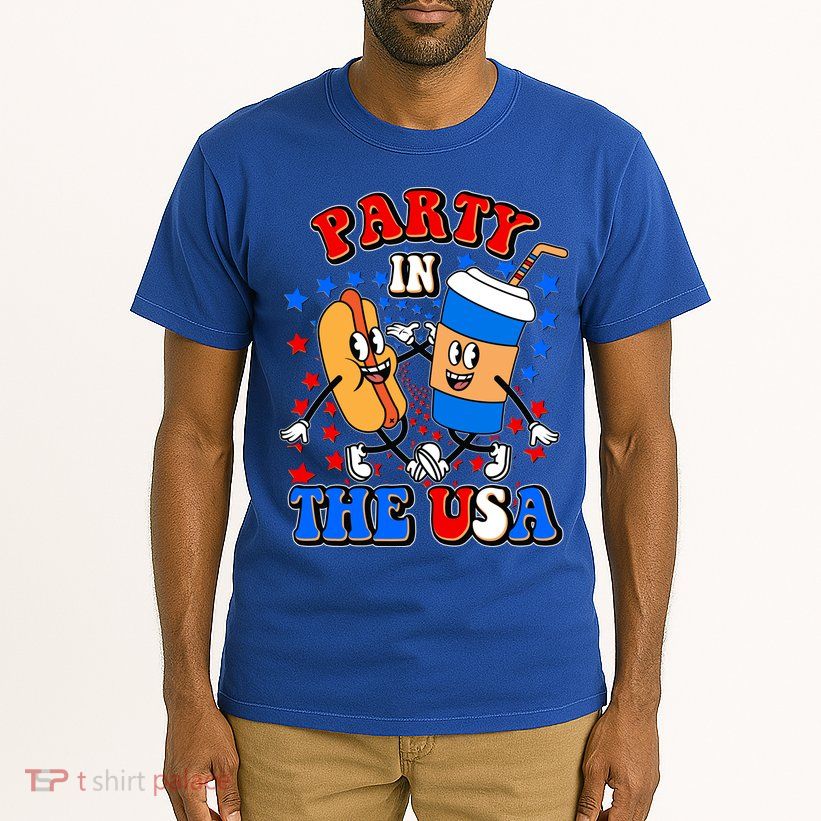 Funny Retro Party In The USA Retro Cartoon Hotdog Soda Pop Drink Tall T-Shirt