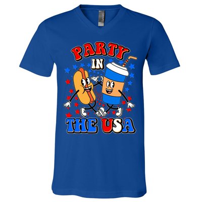 Funny Retro Party In The USA Retro Cartoon Hotdog Soda Pop Drink V-Neck T-Shirt
