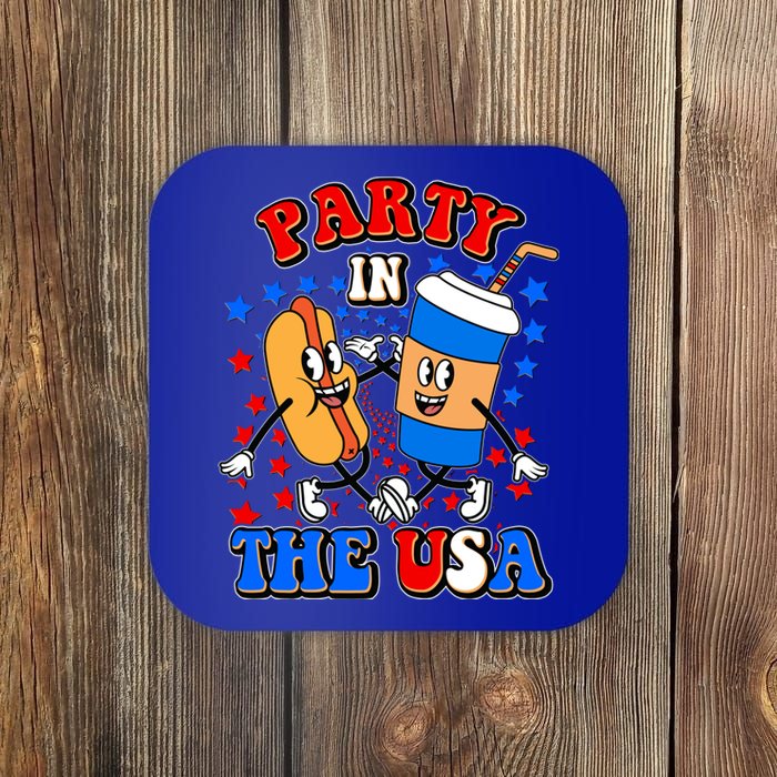 Funny Retro Party In The USA Retro Cartoon Hotdog Soda Pop Drink Coaster