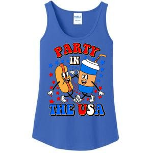 Funny Retro Party In The USA Retro Cartoon Hotdog Soda Pop Drink Ladies Essential Tank