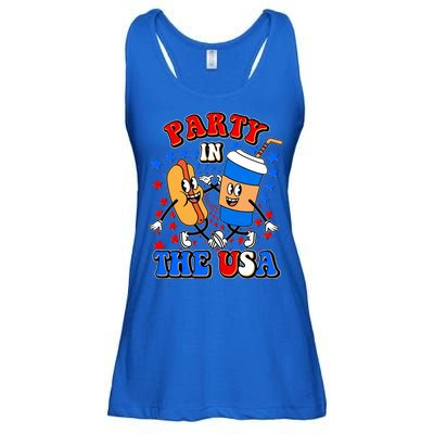 Funny Retro Party In The USA Retro Cartoon Hotdog Soda Pop Drink Ladies Essential Flowy Tank