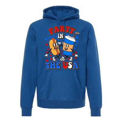 Funny Retro Party In The USA Retro Cartoon Hotdog Soda Pop Drink Premium Hoodie