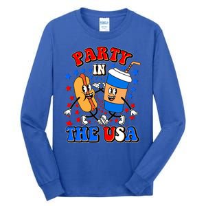 Funny Retro Party In The USA Retro Cartoon Hotdog Soda Pop Drink Tall Long Sleeve T-Shirt