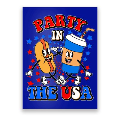 Funny Retro Party In The USA Retro Cartoon Hotdog Soda Pop Drink Poster