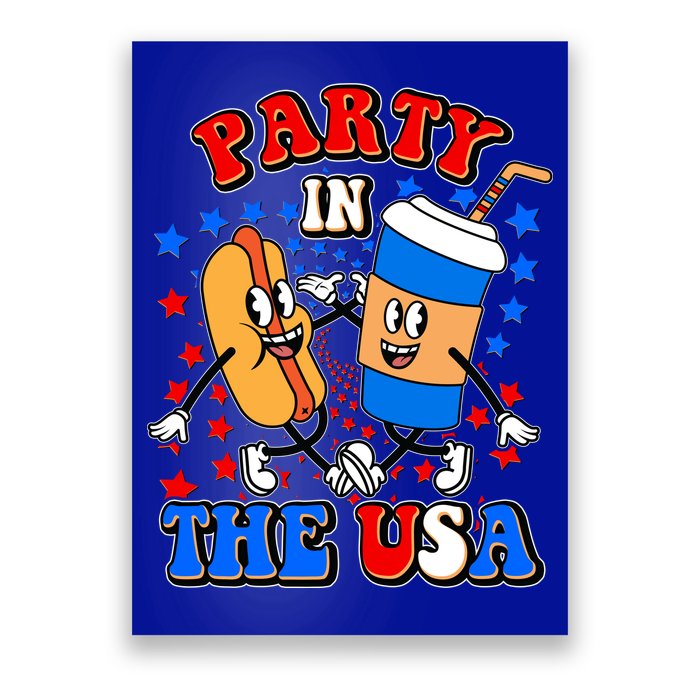 Funny Retro Party In The USA Retro Cartoon Hotdog Soda Pop Drink Poster