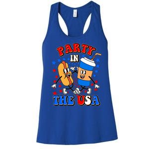 Funny Retro Party In The USA Retro Cartoon Hotdog Soda Pop Drink Women's Racerback Tank