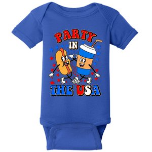 Funny Retro Party In The USA Retro Cartoon Hotdog Soda Pop Drink Baby Bodysuit