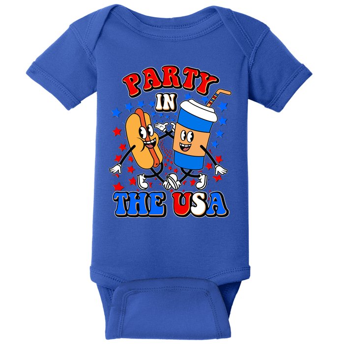 Funny Retro Party In The USA Retro Cartoon Hotdog Soda Pop Drink Baby Bodysuit