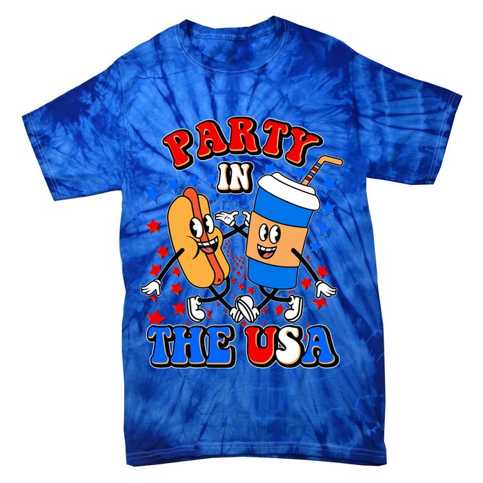 Funny Retro Party In The USA Retro Cartoon Hotdog Soda Pop Drink Tie-Dye T-Shirt