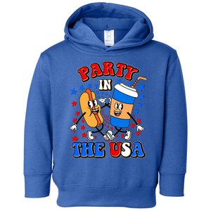 Funny Retro Party In The USA Retro Cartoon Hotdog Soda Pop Drink Toddler Hoodie