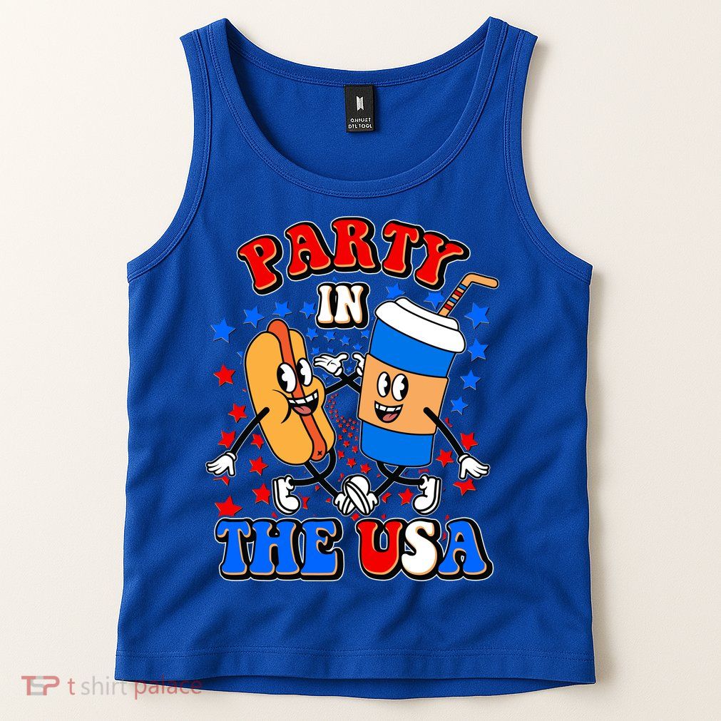 Funny Retro Party In The USA Retro Cartoon Hotdog Soda Pop Drink Tank Top