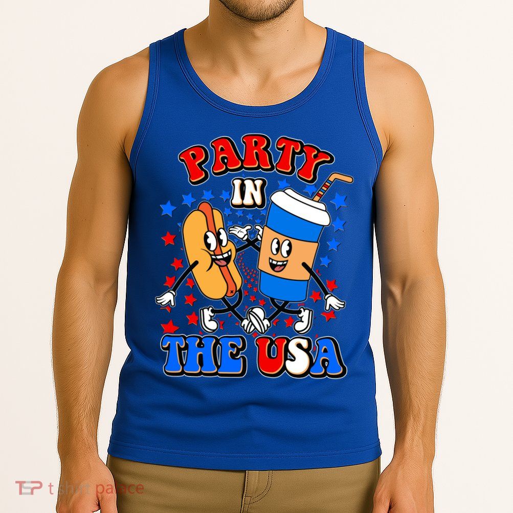 Funny Retro Party In The USA Retro Cartoon Hotdog Soda Pop Drink Tank Top