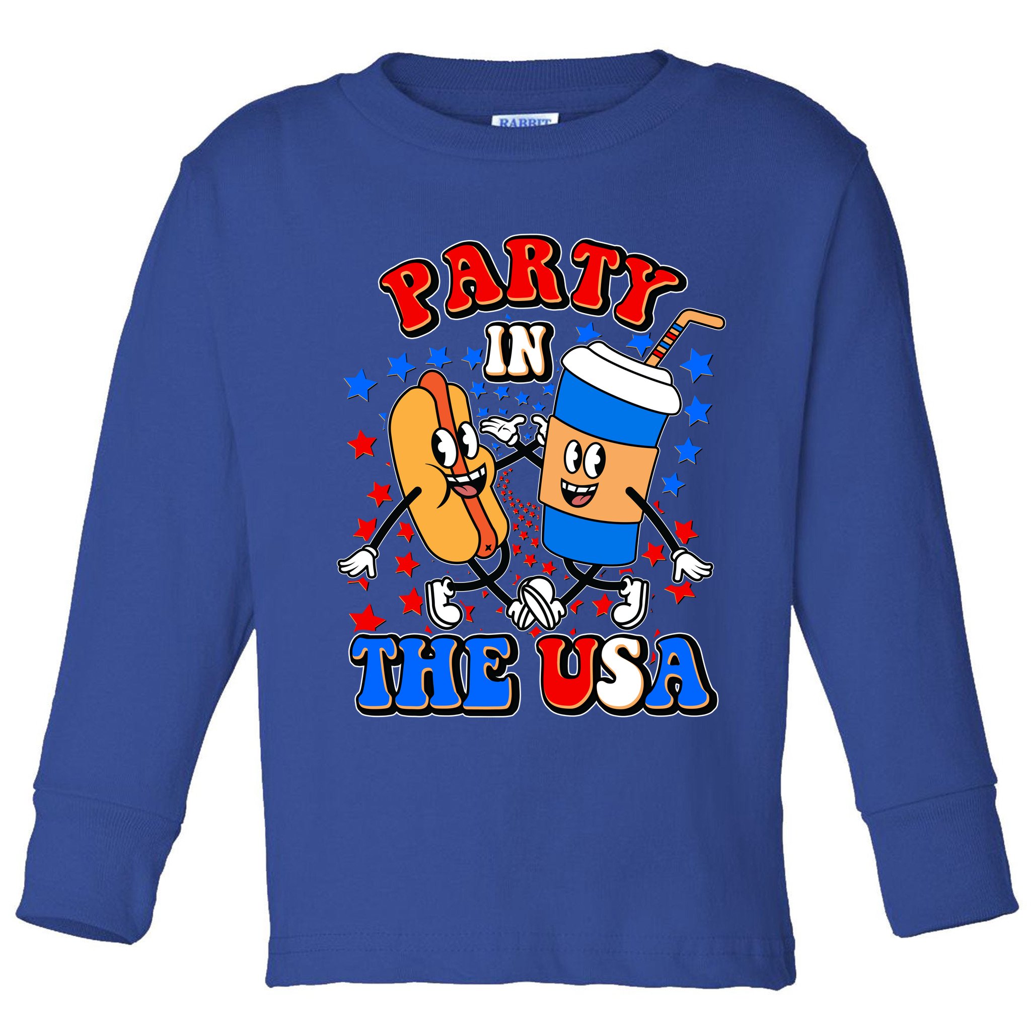 Funny Retro Party In The USA Retro Cartoon Hotdog Soda Pop Drink Toddler Long Sleeve Shirt