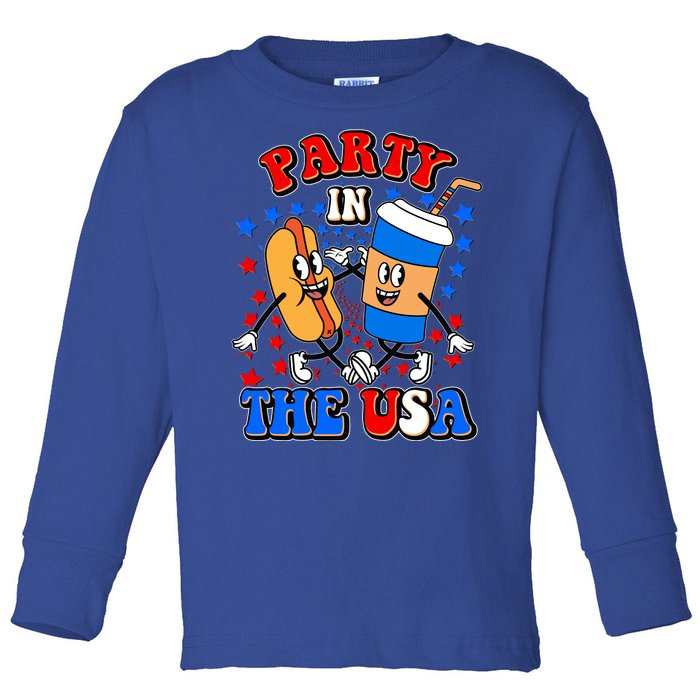 Funny Retro Party In The USA Retro Cartoon Hotdog Soda Pop Drink Toddler Long Sleeve Shirt