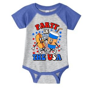 Funny Retro Party In The USA Retro Cartoon Hotdog Soda Pop Drink Infant Baby Jersey Bodysuit