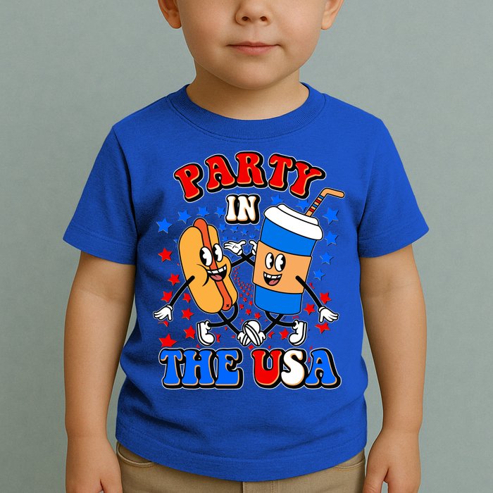 Funny Retro Party In The USA Retro Cartoon Hotdog Soda Pop Drink Toddler T-Shirt