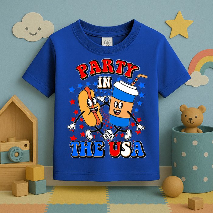 Funny Retro Party In The USA Retro Cartoon Hotdog Soda Pop Drink Toddler T-Shirt
