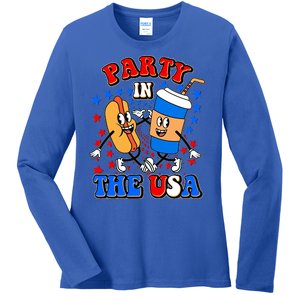 Funny Retro Party In The USA Retro Cartoon Hotdog Soda Pop Drink Ladies Long Sleeve Shirt