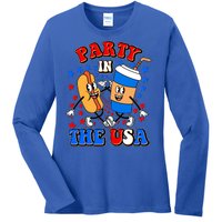 Funny Retro Party In The USA Retro Cartoon Hotdog Soda Pop Drink Ladies Long Sleeve Shirt