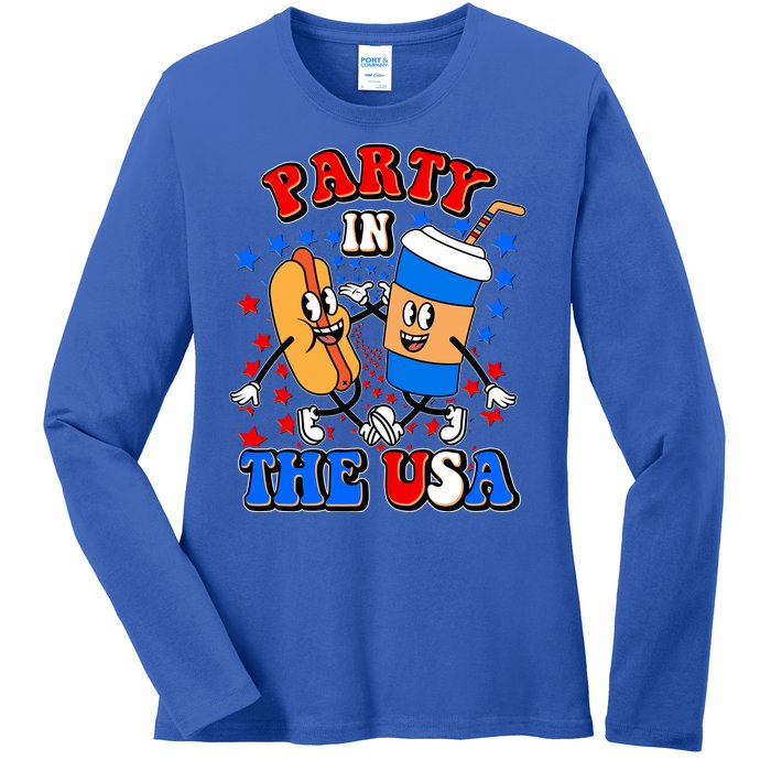 Funny Retro Party In The USA Retro Cartoon Hotdog Soda Pop Drink Ladies Long Sleeve Shirt