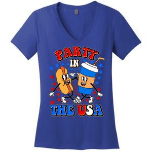 Funny Retro Party In The USA Retro Cartoon Hotdog Soda Pop Drink Women's V-Neck T-Shirt