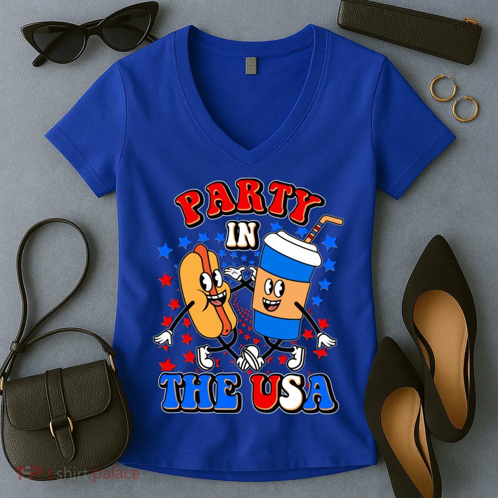 Funny Retro Party In The USA Retro Cartoon Hotdog Soda Pop Drink Women's V-Neck T-Shirt