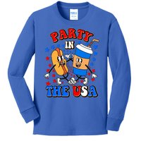 Funny Retro Party In The USA Retro Cartoon Hotdog Soda Pop Drink Kids Long Sleeve Shirt