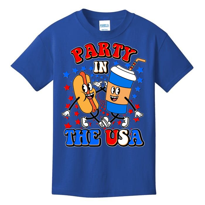 Funny Retro Party In The USA Retro Cartoon Hotdog Soda Pop Drink Kids T-Shirt