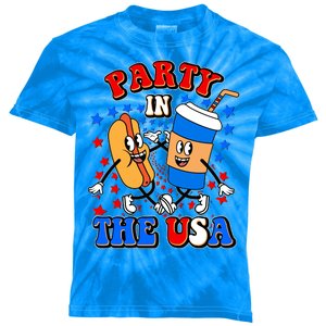 Funny Retro Party In The USA Retro Cartoon Hotdog Soda Pop Drink Kids Tie-Dye T-Shirt