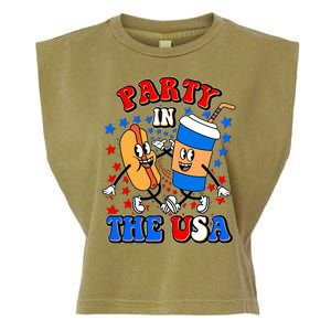 Funny Retro Party In The USA Retro Cartoon Hotdog Soda Pop Drink Garment-Dyed Women's Muscle Tee