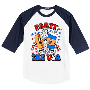 Funny Retro Party In The USA Retro Cartoon Hotdog Soda Pop Drink Baseball Sleeve Shirt